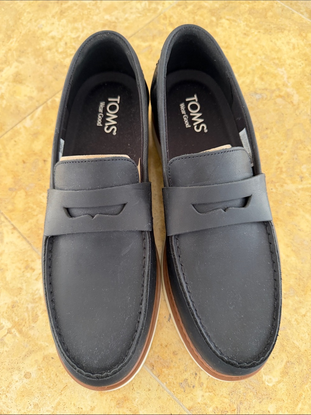 TOMS Men's Black Slip-On Penny Loafers with Brown Outsole